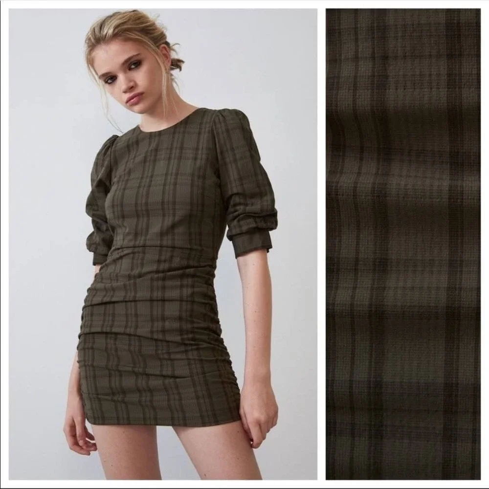 NWT Zara Khaki Green Plaid Side Ruched Puff Sleeve Mini Dress Size Large L